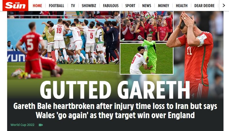 "Eviscerado Gareth"! O jornal britânico The Sun noticiou a derrota de "partir o coração" do País de Gales dessa maneira.