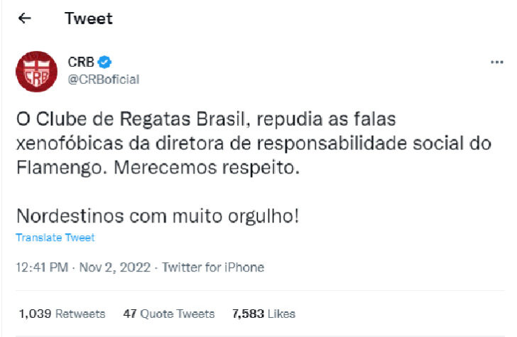 Através de sua conta no Twitter, o CRB também se pronunciou: "Merecemos respeito"