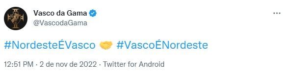 Até o Vasco da Gama, rival do Flamengo, se manifestou com a hashtag 'Vasco é Nordeste". 