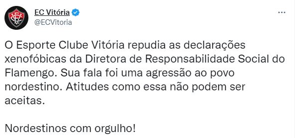 O Vitória foi na mesma linha do CSA e classificou a postagem de Angela como uma 'agressão' ao povo nordestino.