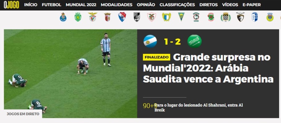 O jornal português O Jogo publicou que a vitória da Arábia Saudita foi a primeira grande surpresa da Copa do Mundo 2022.