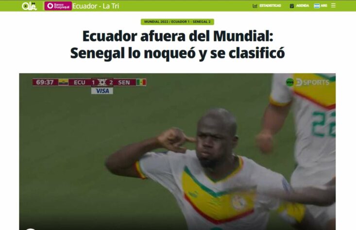 O 'Olé', da Argentina, deu destaque à eliminação do Equador, da mesma forma que deu destaque às vitórias da seleção sul-americana. O motivo: o treinador do time equatoriano é Gustavo Alfaro, um argentino. 