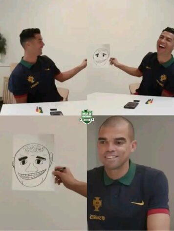 E para fechar o dia, o vídeo de Cristiano Ronaldo mostrando o desenho que fez do seu companheiro Pepe viralizou nas redes sociais. O atacante português cai na gargalhada, e o zagueiro leva na esportiva.