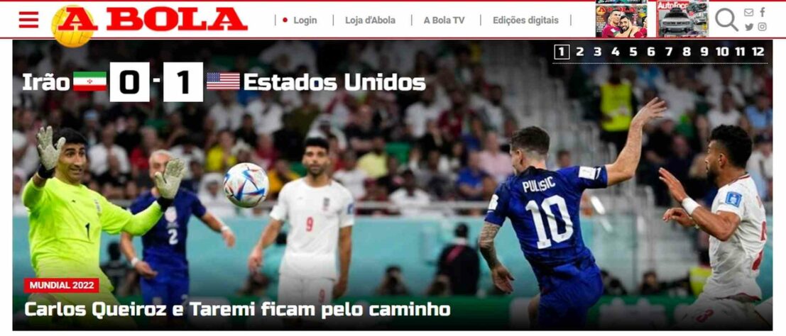 O 'A Bola' de Portugal colocou em sua capa as eliminações de velhos conhecidos do futebol local: Carlos Queiroz, ex-treinador da seleção de Portugal e atual treinador do Irã, e Mehdi Taremi, atacante do Porto. 