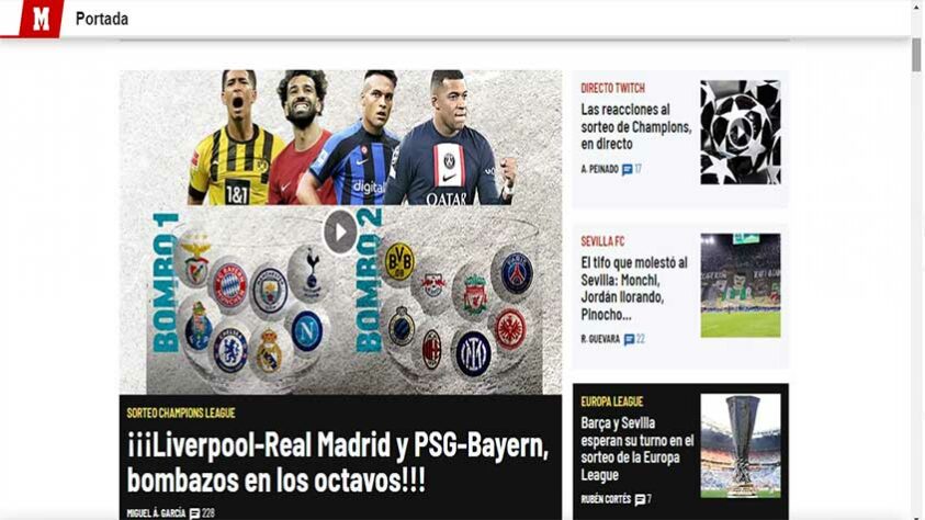 O Marca, jornal espanhol, destacou o confronto entre Real Madrid e Liverpool. As equipes vão reeditar a final da última Champions League, vencida pelos Merengues. 