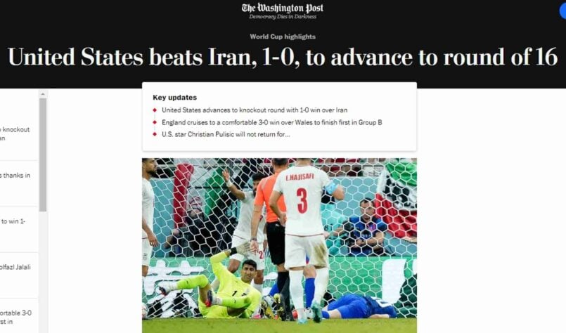 'Estados Unidos vencem o Irã por 1 a 0 e avançam às oitavas': a manchete do 'Washington Post' foi objetiva. 