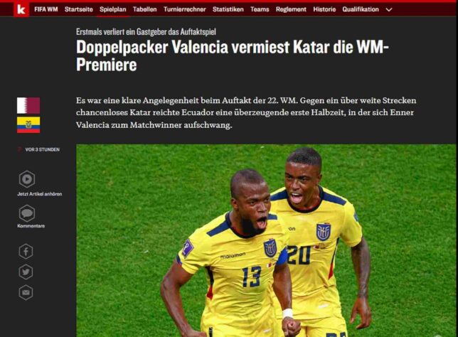 'Valencia arruína estreian do Catar' é a manchete do site alemão 'Kicker'. 