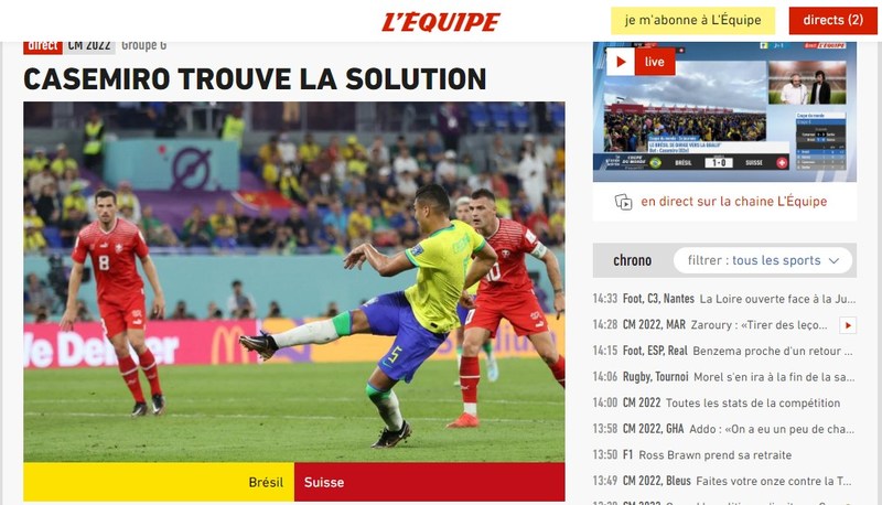 O francês "L'Équipe" relatou a vitória do Brasil da seguinte forma: "Casemiro encontra a solução", expôs em referência a dificuldade de passar pela dura defesa suíça.
