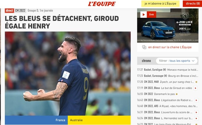 O "L'Équipe" deu importância para um feito de Giroud. O atacante francês, que registrou um doblete contra a Austrália, igualou o número de gols de Henry pela seleção francesa.