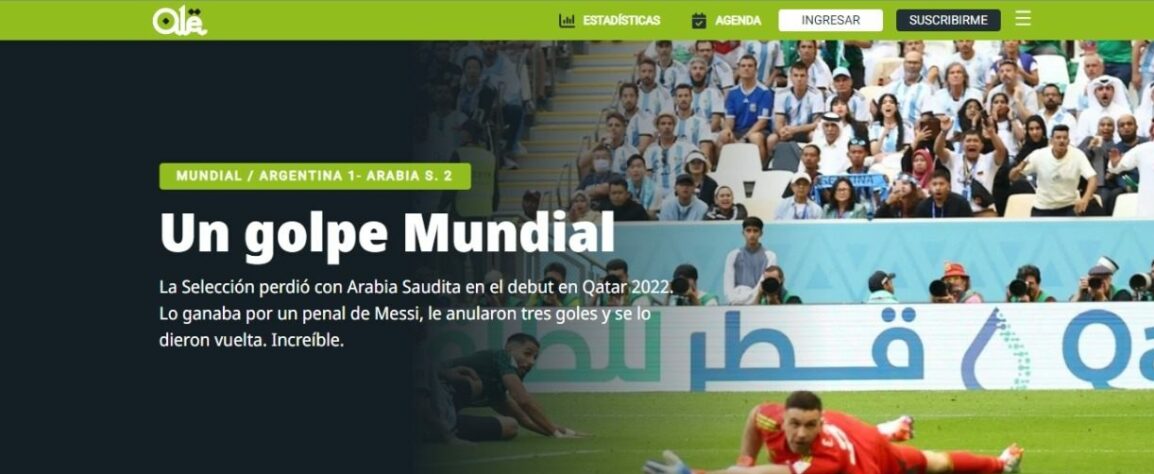 O jornal argentino "Olé" chamou a derrota para os sauditas de "Um golpe Mundial".