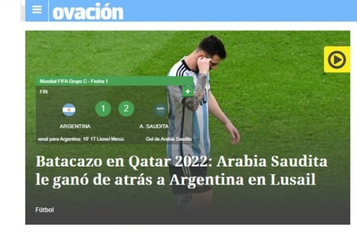 O jornal uruguaio Ovácion chamou a derrota da Argentinda de "Pancada no Qatar 2022".