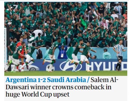 O jornal inglês "The Guardian" destacou o gol de Salem Al-Dawsari na vitória contra a Argentina: "Salem Al-Dawsari coroa retorno com grande reviravolta na Copa do Mundo". 