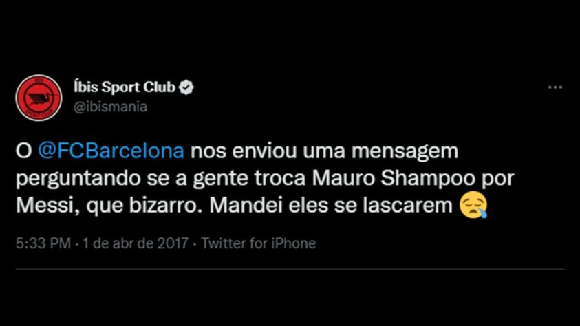 O Íbis sempre utilizou suas redes para fazer brincadeiras e interagir com outros clubes do Brasil e do Mundo. Em 2017, por exemplo, o clube segou uma troca entre o ídolo Mauro Shampoo e Lionel Messi. Detalhe: a proposta teria sido feita pelo Barcelona. Nunca é demais reforçar: essa proposta nunca existiu. 