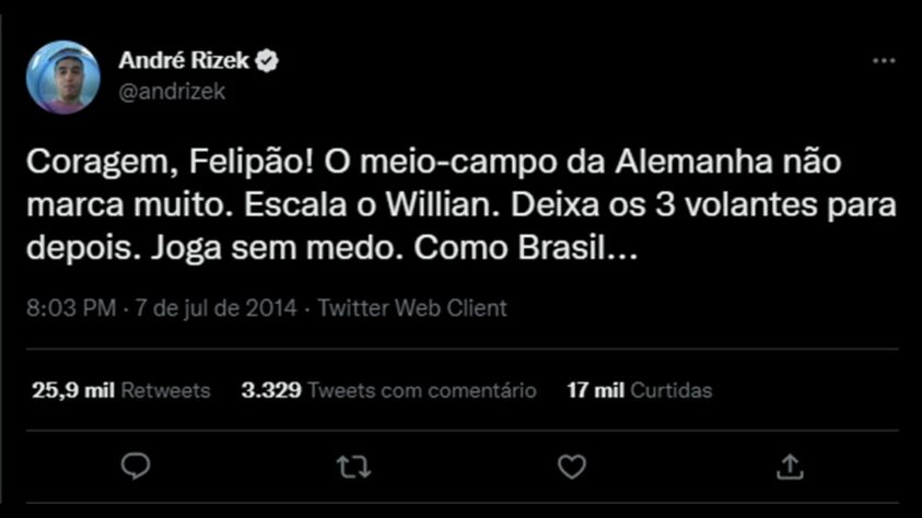 Um dia antes da semifinal da Copa do Mundo de 2014, o jornalista André Rizek deu um 'conselho' a Felipão: que abandonasse qualquer estratégia defensiva e escalasse mais um atacante, pois 'o meio-campo da Alemanha não marca muito'. Felipão 'seguiu' metade da dica e escalou mais um atacante, Bernard. E o resultado disso, todos nós já sabemos.