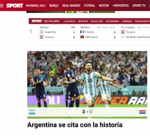 O jornal catalão "Sport" evitou maior destaque a Messi: "Argentina tem um encontro coma história".