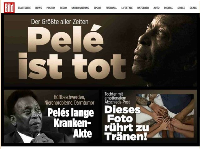 O 'Bild' da Alemanha infelizmente foi pior ainda. Na manchete principal, a repetição da frase 'o rei está morto'. Logo abaixo, uma manchete que relembra problemas de saúde do Rei, com uma manchete próxima de 'a longa ficha médica de Pelé'. 