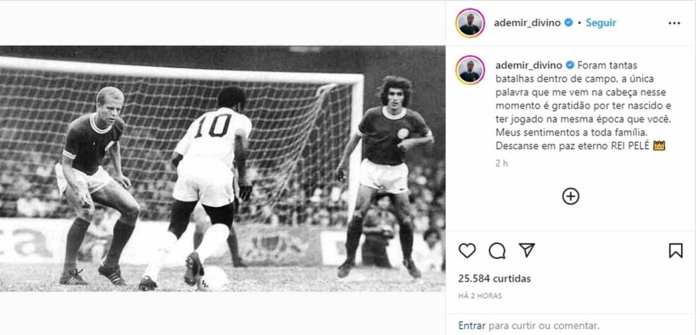 Ademir da Guia, ídolo do Palmeiras e conhecido como Divino, relembrou os grandes confrontos entre Palmeiras e Santos nos anos 60 e 70, quando duelou com Pelé.