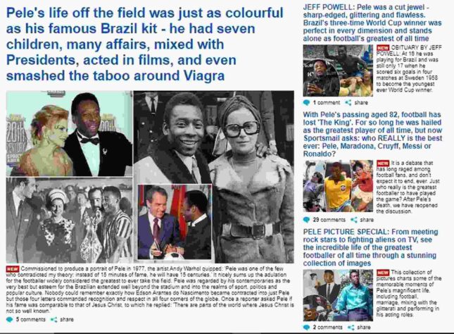Mas, infelizmente, nem todos os veículos acertaram na repercussão do falecimento do Rei. O próprio 'Daily Mail' dedicou um espaço de sua página para relembrar casos amorosos de Pelé e outro para uma enquete sobre qual seria o maior jogador da história do futebol. 