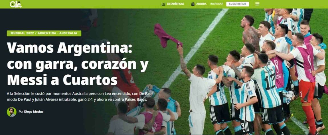 'Com garra, coração e Messi', o Olé noticiou a classificação argentina às quartas de final com um tom de torcida declarada.