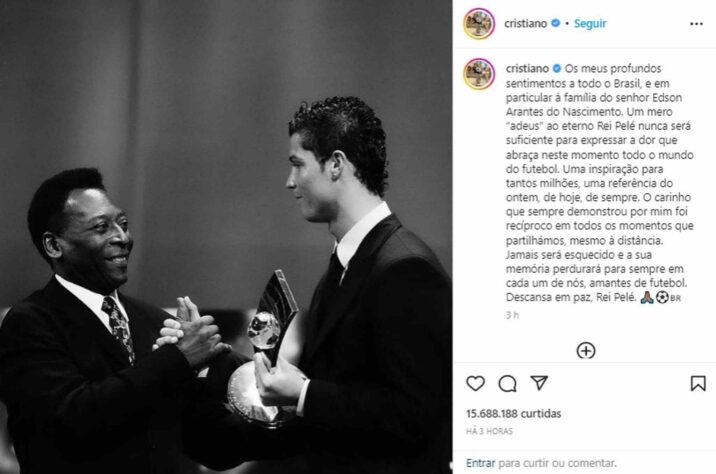 Cristiano Ronaldo também prestou homenagens em sua rede social, dizendo que Pelé era 'uma inspiração para tantos milhões (de pessoas)'. 