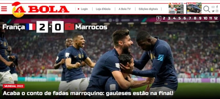 O jornal português "A Bola" trouxe o lado da desilusão da seleção sensação da competição: "Acaba o conto de fadas marroquino".
