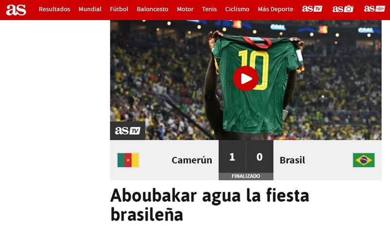 "Aboubakar água a festa brasileira". Foi assim que o espanhol "AS" contou a derrota do Brasil.