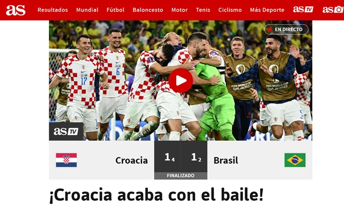 "Croácia acaba com o baile". Em referência as danças brasileiras, o jornal espanhol "AS" deu uma cutucada na eliminação do Brasil.