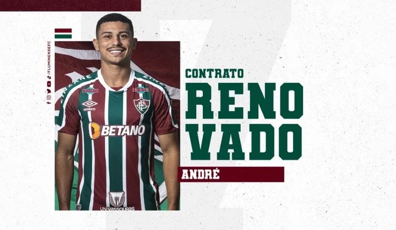 FECHADO - O Fluminense renovou o seu vínculo com o volante André. O atleta, de 21 anos, firmou contrato com o Tricolor até o final de 2026.