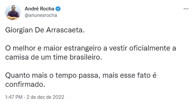 André Rocha, jornalista do UOL, se empolgou com o gol de Arrascaeta e fez uma forte colocação, elencando o atleta como o melhor estrangeiro a atuar no futebol brasileiro.