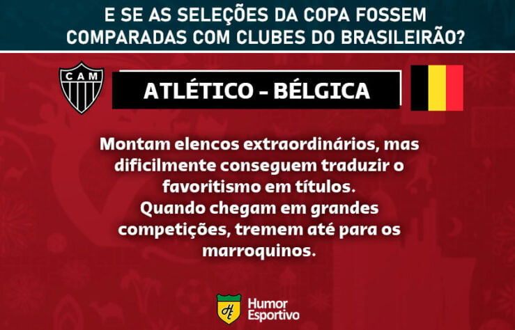 Clubes brasileiros e seleções da Copa do Mundo: o Atlético-MG seria a Bélgica.