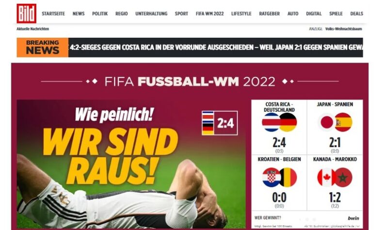 A Alemanha e a Bélgica foram eliminadas da Copa do Mundo! Nesta quinta-feira (01), os carrascos do Brasil nas últimas duas Copas não passaram de fase. Além disso, as surpreendentes lideranças de Marrocos e Japão, em seus respectivos grupos, agitaram este dia. O jornal alemão "Bild" noticou: "Que embaraçoso! Estamos fora!". Confira as capas dos principais veículos do mundo!