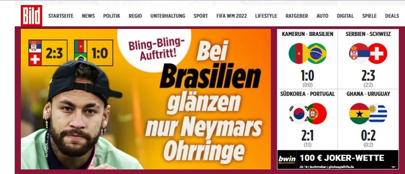 "No Brasil só brilham os brincos de Neymar". Com esse título provocativo, o "Bild", da Alemanha, não pegou leve com o tropeço brasileiro.