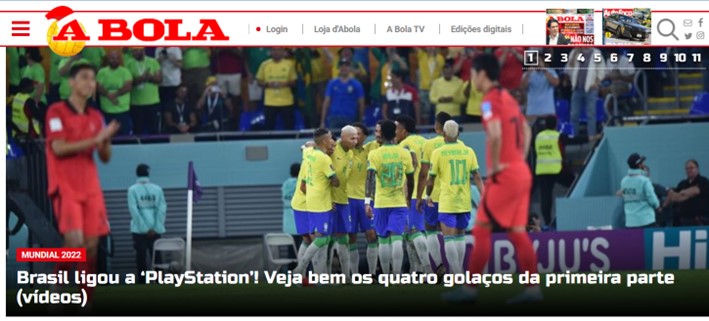 "Brasil ligou o Playstation?" De forma bem humorada, a facilidade brasileira para alcançar o placar foi noticiada pelo jornal português "A Bola".