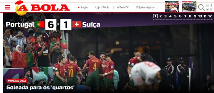 O portal português "A Bola" destacou a goleada realizada pelos seus compatriotas contra a Suíça.
