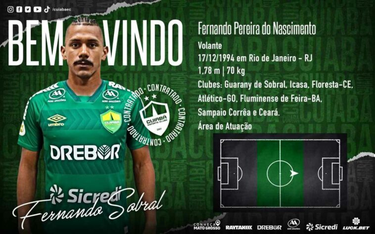 FECHADO - Cuiabá anunciou a contratação do volante Fernando Sobral. O jogador de 27 anos defendeu o Ceará nas últimas quatro temporadas e chega ao Dourado de forma definitiva, com contrato até o final de 2026. O Cuiabá adquiriu 80% dos direitos econômicos do atleta por R$4 milhões.