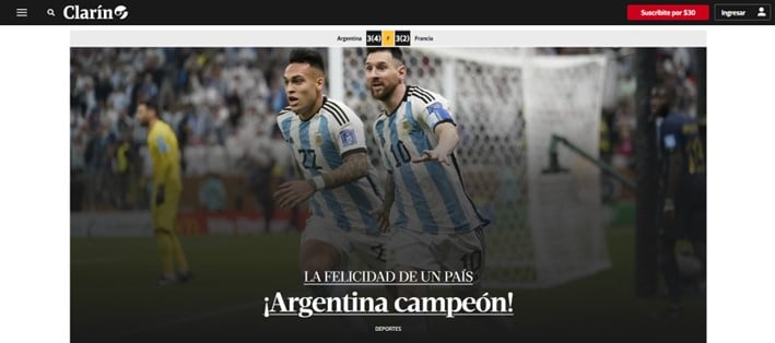 "A felicidade de um país". O argentino "Clarín" manifestou o sentimento do país com a meta alcançada por Messi.