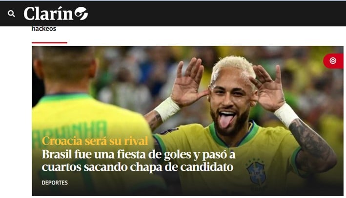 O jornal argentino "Clarín" relatou sobre a "festa de gols" do Brasil e classificou a equipe como forte candidato ao título da Copa do Mundo.