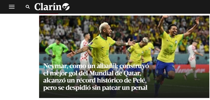 O "Clarín", da Argentina, destacou que o Neymar igualou o recorde de Pelé como artilheiro máximo da Seleção Brasileira. e, em seguida, o portal deu ênfase para a eliminação.