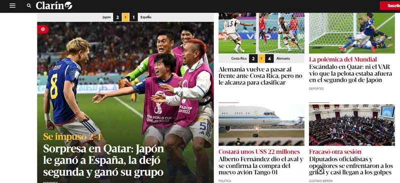 "Surpresa no Qatar". O argentino "Clarín" foi outro jornal que repercutiu o choque dos japoneses passarem. Além disso, também deu ênfase para a polêmica do segundo gol do Japão, onde há discussões para saber se a bola saiu do campo ou não.