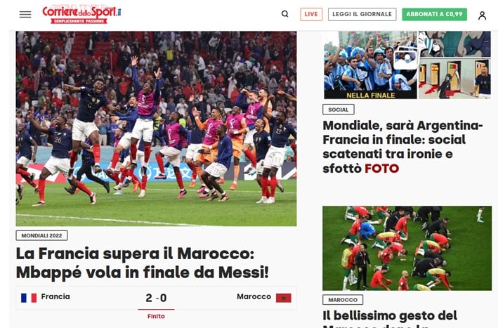 O jornal italiano "Corriere dello Sport" relatou a vitória dos franceses sobre os marroquinos e já destacou o embate Mbappé versus Messi.