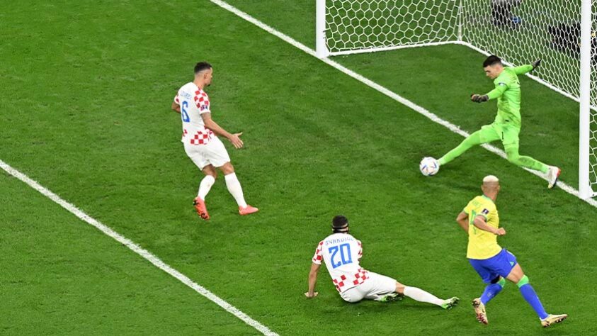 Grande defesa do goleiro Livakovic para evitar o gol do Brasil.