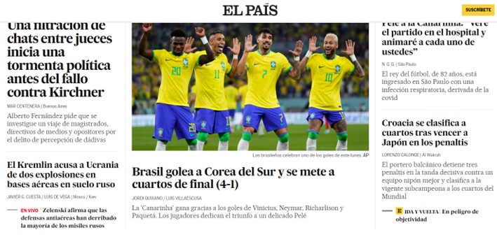 O "El País", da Espanha, partiu para um caráter mais informativo e deu o recado que a Seleção Brasileira está nas quartas de final.