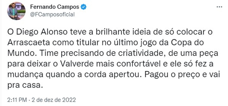 O jornalista Fernando Campos cornetou o treinador Diego Alonso que não utilizou o meio-campista nas outras partidas como titular.