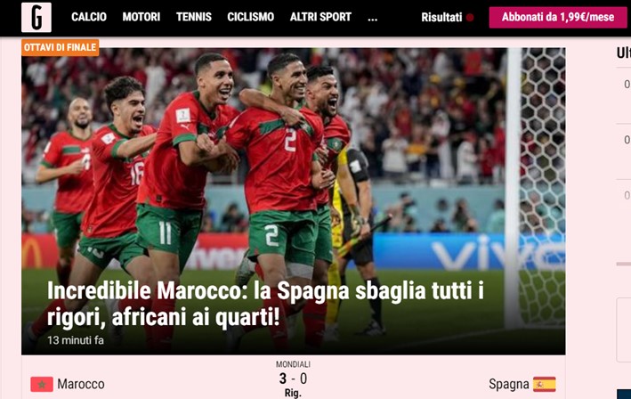 O italiano "Gazzetta dello Sport", chamou o Marrocos de incrível ao reportar o triunfo diante da Fúria.