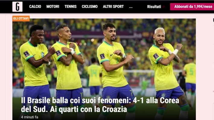 "O Brasil baila com seus fenômenos". O italiano "Gazzetta dello Sport" foi bastante elogioso na sua cobertura da Seleção Brasileira.