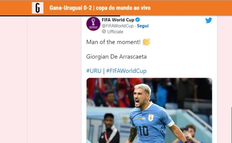 O jornal italiano "Gazzetta Dello Sport" colocou em sua página a publicação da FIFA. "O homem do momento".
