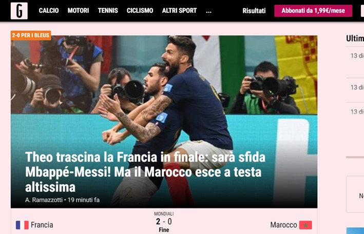 O "Gazzetta dello Sport", da Itália, contou sobre o gol de Theo Hernández que começou a escrever a história do jogo. Além disso, ressaltou a boa partida feita pelos marroquinos.