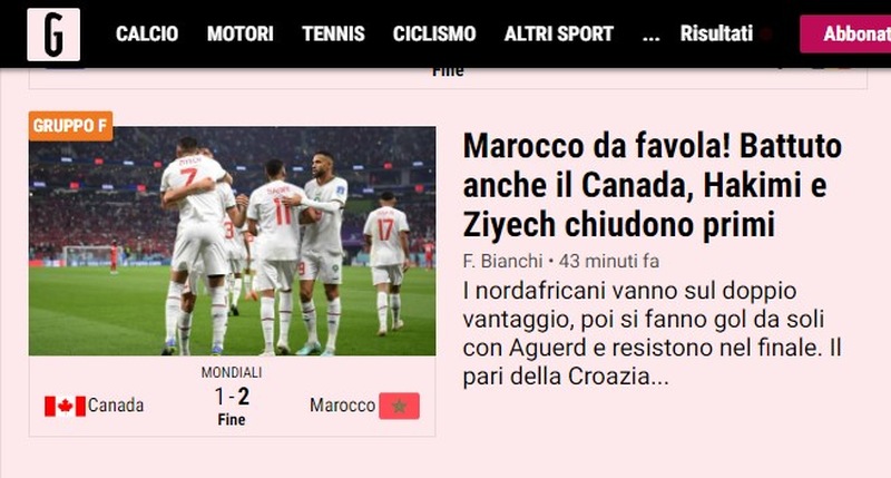 "Fabuloso Marrocos"! Dessa maneira, o jornal italiano "Gazzetta dello Sport" consagrou a classificação dos marroquinos em primeiro lugar.