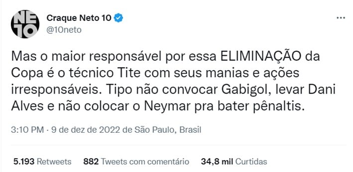 Além desse desabafo exaltado no ao vivo, Neto fez um tweet criticando a não convocação do centroavante Gabigol.
