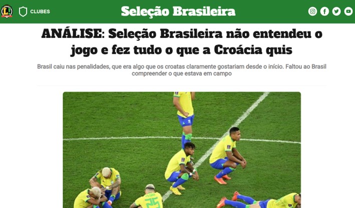 O jornalista Alexandre Guariglia, do LANCE!, fez constatações sobre a partida da Seleção Brasileira de forma completa. Em dado momento, analisou as substituições de Tite: "Na volta do intervalo da prorrogação, Tite colocou Fred e Alex Sandro para renovar o gás do time, principalmente na marcação, já que durante toda a partida a Croácia jogou como quis e trocou passes sem contestação. Era preciso diminuir esse conforto para administrar a vantagem no placar. E não foi o que aconteceu. Depois de perder a bola no campo de ataque e não matar a jogada, os croatas acertaram um contra-ataque e conseguiram empatar o jogo levando para as penalidades", escreveu Guariglia.